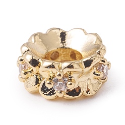 Настоящее золото 18K Экологически чистые латунные бусины из циркония с микропаве, долговечный, без свинца и без кадмия, цветок, реальный 18 k позолоченный, 6x2.5 мм, отверстие : 2.5 мм