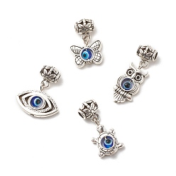 Antique Silver Tibetan Style Alloy & Resin Pendants, with Iron & 304 Stainless Steel Findings, Evil Eye, Butterfly & Owl & Eye & Turtle, Antique Silver, 23~33mm, Hole: 3.7mm