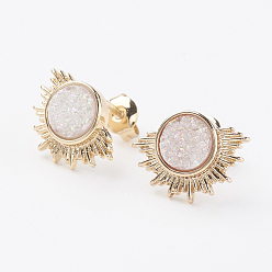 White Electroplate Natural Druzy Agate Stud Earrings, with Brass Findings, Sun, Golden, White, 10x14x3~4mm, Pin: 0.8mm