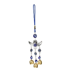Antique Silver & Golden Car Hanging Owl Alloy Glass Rhinestone Wind Chime, with Evil Eye Resin Beads, Polyester Cord, Iron Bell, Antique Silver & Golden, 282mm