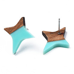 Medium Turquoise Resin & Walnut Wood Stud Earrings, with 304 Stainless Steel Pin, Star, Medium Turquoise, 21x17~18mm, Pin: 0.7mm