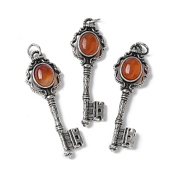 Красный Агат Ключ латунные натуральные сердолики большие подвески, с целью перехода в кольце, античное серебро, окрашенная и подогревом, 55.5x16.5x5~6.5 мм, отверстие : 4.5 мм