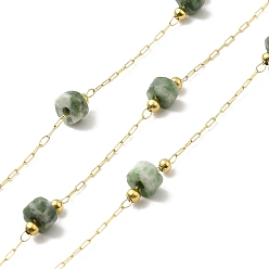 Green Spot Jasper Ion Plating(IP) 316 Surgical Stainless Steel Paperclip Chains, with Natural Green Spot Jasper Column Beads, Soldered, Real 18K Gold Plated, with Spool, Link: 2.5x1x0.3mm