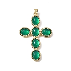 Зеленый Подвески из латуни и стекла, крестик, реальный 18 k позолоченный, зелёные, 45x29.5x5 мм, отверстие : 3.5x3.2 мм
