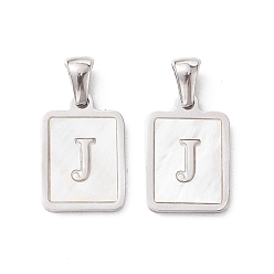 Letter J 304 Stainless Steel Pave Shell Pendants, Rectangle Charm, Stainless Steel Color, Letter J, 17.5x12x1.5mm, Hole: 3x5mm
