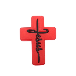 Red Cross with Word Jesus Food Grade Silicone Beads, Silicone Teething Beads, Red, 30x22.2mm