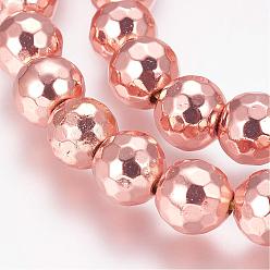 Rose Gold Plated Grade AA Non-Magnetic Synthetic Hematite Bead Strands, Round, Faceted(128 Facets), Rose Gold Plated, 8mm, Hole: 1.5mm, about 53pcs/strand, 15.7 inch(40cm)