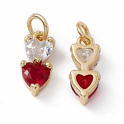 Crimson Rack Plating Brass Cubic Zirconia Charms, Double Heart Charm, with Jump Ring, Long-Lasting Plated, Golden, Lead Free & Cadmium Free, Crimson, 12.5x5.5x4mm, Hole: 3.5mm