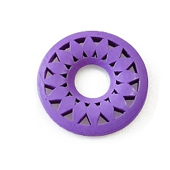 Blue Violet Wood Pendants, for Earring Jewelry Making, Donut with Flower, Blue Violet, 35mm
