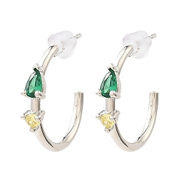 Зеленый Серьги-гвоздики из платиновой латуни, серьги-полукольца с прозрачными фианитами, долговечный, без свинца и без кадмия, зелёные, 20x4 мм