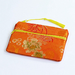 Orange Foncé Pochettes d'emballage de bijoux en satin à motif de fleurs de style chinois, sacs cadeaux avec fermeture éclair et breloque pompon, rectangle, orange foncé, 11x17.5 cm