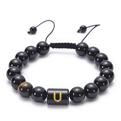 Letter U 10MM Natural Black Onyx(Dyed & Heated) and Tiger Eye Alphabet Round Braided Bead Adjustable Bracelets for Women, Letter U, 7.00 inch(17.78cm)~11.50 inch(29.21cm)