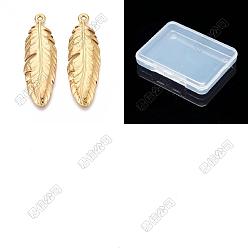 Real 18K Gold Plated 10Pcs 304 Stainless Steel Feather Pendants, Ion Plating(IP), Real 18K Gold Plated, 46x15x2.5mm, Hole: 1.8mm