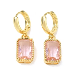 Pink Brass Glass Dangle Hoop Earrings for Women, Rectangle, Long-Lasting Plated, Rack Plating, Lead Free & Cadmium Free, Golden, Pink, 32x10mm