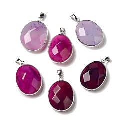 Medium Violet Red Natural Agate Dyed Pendants, Brass Faceted Oval Charms, Platinum, Medium Violet Red, 32x23.5x11.5mm, Hole: 7.6x3.8mm