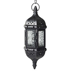 Black Lantern Shape Iron Hanging Candlestick with Glass Candleholde, Home Moroccan Candlestick, Black, 23x9cm