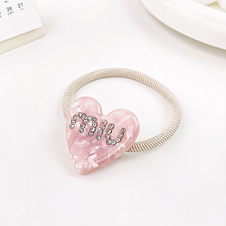 Rose Pink 3.5CM Chic Elastic Hair Ties with Heart-Shaped Acetate Charm for Sweet Bun Hairstyles