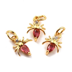 Красный Латунные микро проложить кубического циркония прелести, реальный 18 k позолоченный, без кадмия и без свинца, насекомое, красные, 12x8x2 мм, отверстие : 3.8 мм