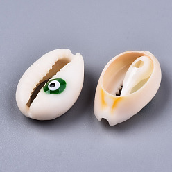 Зеленый Бусины из натуральной каури, с эмалью, нет отверстий / незавершенного, злые глаза, зелёные, 18~22x13~14x6~8 мм