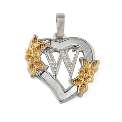 Letter W Латунь микропаве фианиты с подвесками-ракушками, Сердце и письмо, долговечный, без свинца и без кадмия, стойки покрытие, Буква W, 20x20.5x3 мм, отверстие : 3.5x5 мм