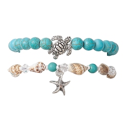 Synthetic Turquoise 2Pcs 2 Style Synthetic Turquoise & Glass & Shell Stretch Bracelets with Tortoise, Stackable Bracelets with Alloy Starfish Charms, 7-1/4 inch(18.5cm), 1Pc/style