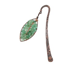 Green Aventurine Natural Green Aventurine Chip Beaded Leaf Pendant Bookmark, Red Copper Plated Alloy Hook Bookmark