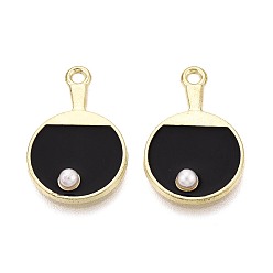 Черный Подвески из сплава эмали и искусственного жемчуга, ракетки для настольного тенниса подвески, золотые, чёрные, 23x15x3.5 мм, отверстие : 1.8 мм