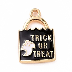 Golden Halloween Alloy Enamel Pendants, Lock with Ghost & Word Trick or Treat Charm, Golden, 24x15.5x3mm, Hole: 2mm