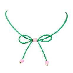 Lime Green Glass Seed Pendants Necklaces for Women, Bowknot, Lime Green, 15.94 inch(40.5cm)