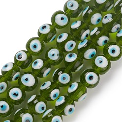 Olive Drab Handmade Lampwork Beads Strand, Round with Evil Eye, Olive Drab, 12.5~13x11mm, Hole: 2~2.5mm, about 32~33pcs/strand, 13.58~14.01''(34.5~35.6cm)