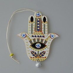 Floral White Wood Hamsa Hand/Hand of Miriam with Evil Eye Hanging Ornament, for Car Rear View Mirror Decoration, Floral White, 100mm