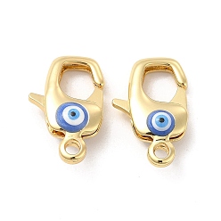 Blue Brass Lobster Claw Clasps, with Enamel, Real 18K Gold Plated, Long-Lasting Plated, Evil Eye Pattern, Blue, 20x16x2mm, Hole: 2~3mm