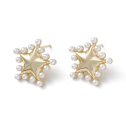 Real 18K Gold Plated Long-Lasting Plated Brass Stud Earrings with Plastic Pearl for Women, Lead Free & Cadmium Free, Star, Real 18K Gold Plated, 19x20x2.7mm, Pin: 0.9mm