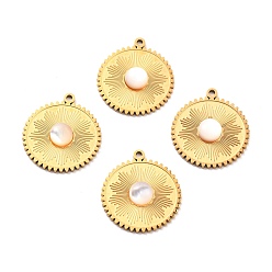 Seashell Color Natural White Shell Pendants, with Ion Plating(IP) 304 Stainless Steel Findings, Real 24K Gold Plated, Flat Round, Seashell Color, 20x18x3mm,Hole:1.40mm