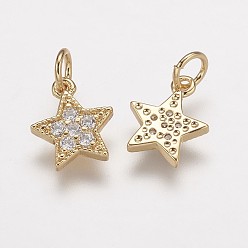 Real 18K Gold Plated Brass Micro Pave Grade AAA Cubic Zirconia Charms, Lead Free & Nickel Free & Cadmium Free, Star, Real 18K Gold Plated, 9x7.5x1.5mm, Hole: 2mm