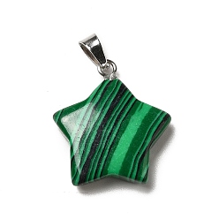 Malachite Synthetic Malachite Pendants, Star Charms, with Platinum Tone Stainless Steel, 22~22.5x19~20x5~5.5mm, Hole: 5x3mm