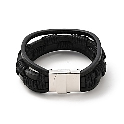Noir Bracelet multi-rangs tressé en cuir microfibre avec 201 fermoir en acier inoxydable pour homme femme, noir, 8-3/4 pouce (22.3 cm)
