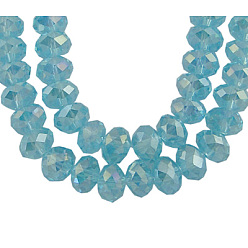 Sky Blue Electroplate Glass Beads Strands, AB Color Plated, Faceted, Rondelle, Sky Blue, 10x7mm, Hole: 1.4mm, about 65~67pcs/strand