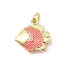 Pink Латунь эмаль подвески, рыбы прелести, без свинца и без кадмия, долговечный, стойки покрытие, реальный 18 k позолоченный, розовые, 18x17.5x5.5 мм, отверстие : 3.5 мм