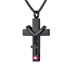 Cerise 304 Stainless Steel Religion Cross Pendant Memorial Urn Ash Necklaces, July Birthstone Necklace, Cable Chain Necklace, Cerise, Pendant: 35x22mm