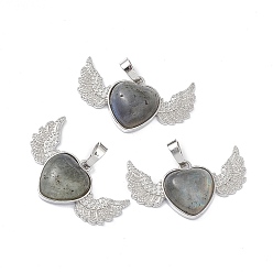 Labradorite Natural Labradorite Pendants, Heart Charms with Wing, with Platinum Tone Brass Findings, 22x37.5x7mm, Hole: 7.5x5mm