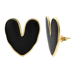 Черный Сердце 201 серьги-гвоздики из нержавеющей стали с эмалью, с 304 штифтов из нержавеющей стали, вакуумное покрытие pvd, золотые, чёрные, 24.5x22.5 мм