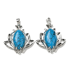 Бирюза Синтетические бирюзовые подвески, подвески-цветы со стойкой, фурнитура из латуни, платина, без кадмия и без свинца, 37x35x10 мм, отверстия : 8x5 mm и 1.6 мм