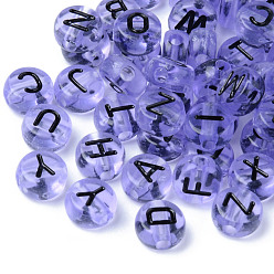 Lilac Transparent Acrylic Beads, Horizontal Hole, Flat Round with Random Letters, Lilac, 7x3.5mm, Hole: 1.8mm, about 3600~3700pcs/500g