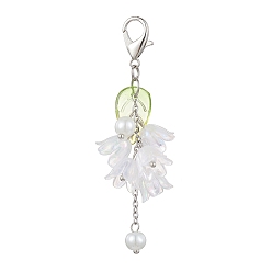 Clear Acrylic Pendant Decorations, with Glass Imitation Pearl Beads and Alloy Lobster Claw Clasps, Flower with Leaf, Clear, 70mm
