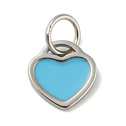 Deep Sky Blue Rack Plating Brass Charms, with Jump Ring and Enamel, Cadmium Free & Lead Free, Long-Lasting Plated, Heart Charm, Platinum, Deep Sky Blue, 10x9.5x1mm, Hole: 4.4mm