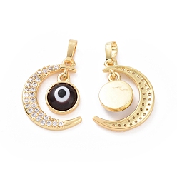 Coconut Brown Brass Micro Pave Cubic Zirconia Pendants, with Handmade Evil Eye Lampwork, Crescent Moon Charm, Real 18K Gold Plated, Coconut Brown, 23x16x4mm, Hole: 4x6mm