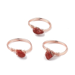 Jaspe Rouge Bague éclats de jaspe rouge naturel, bijoux en fil de laiton doré rose pour femme, diamètre intérieur: 18 mm