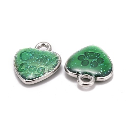 Pale Green Alloy Enamel Charms, Cadmium Free & Lead Free, Heart with Foot Print and Word, Platinum Metal Color, Pale Green, 15x12x3mm, Hole: 2mm