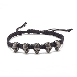 Gunmetal Skull Alloy Braided Bead Bracelet, Halloween Adjustable Bracelet for Women, Gunmetal, Inner Diameter: 2-3/8~3-3/8 inch(5.9~8.7cm)